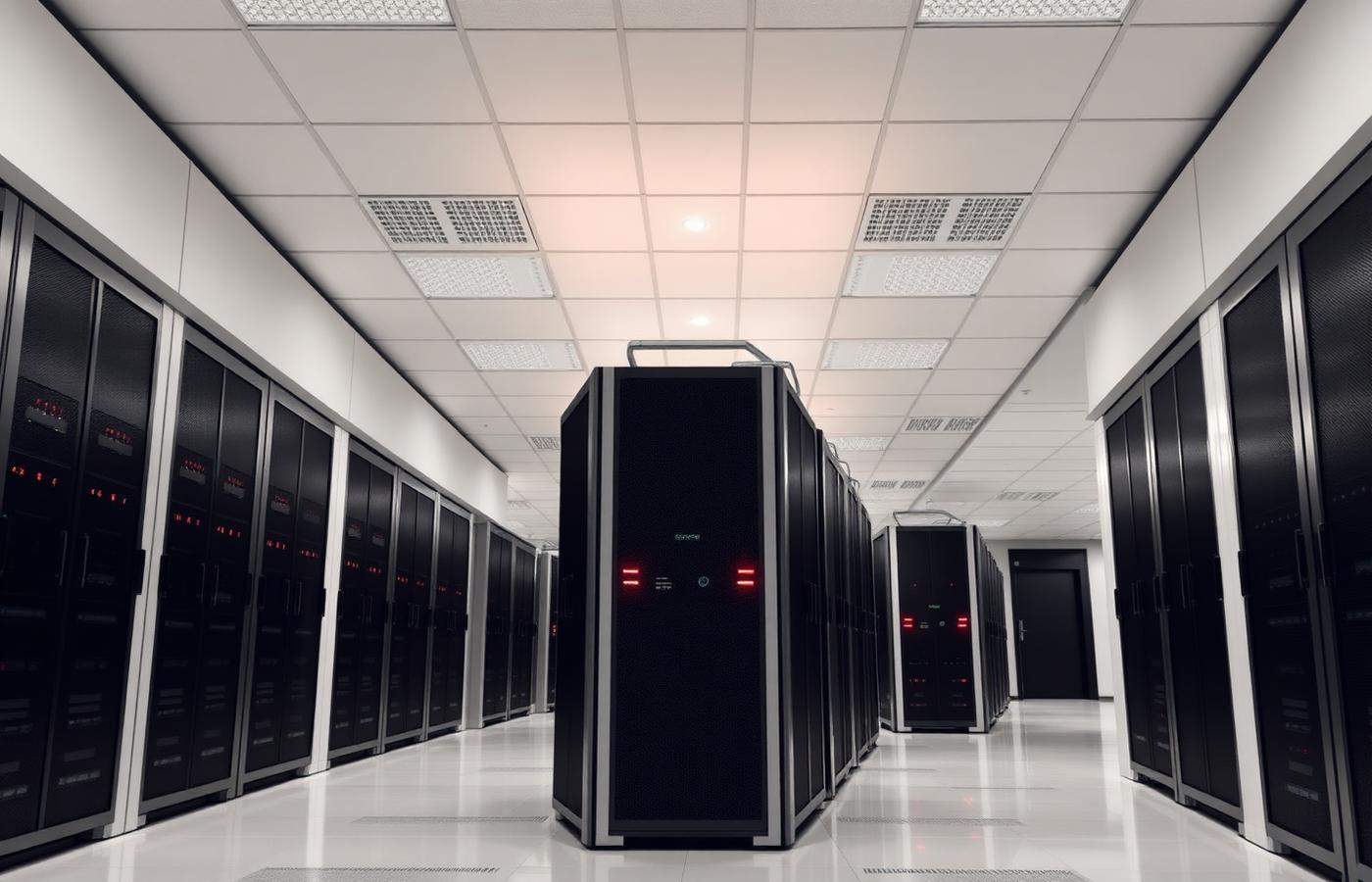 Rows of server racks in a data centre with red status indicators