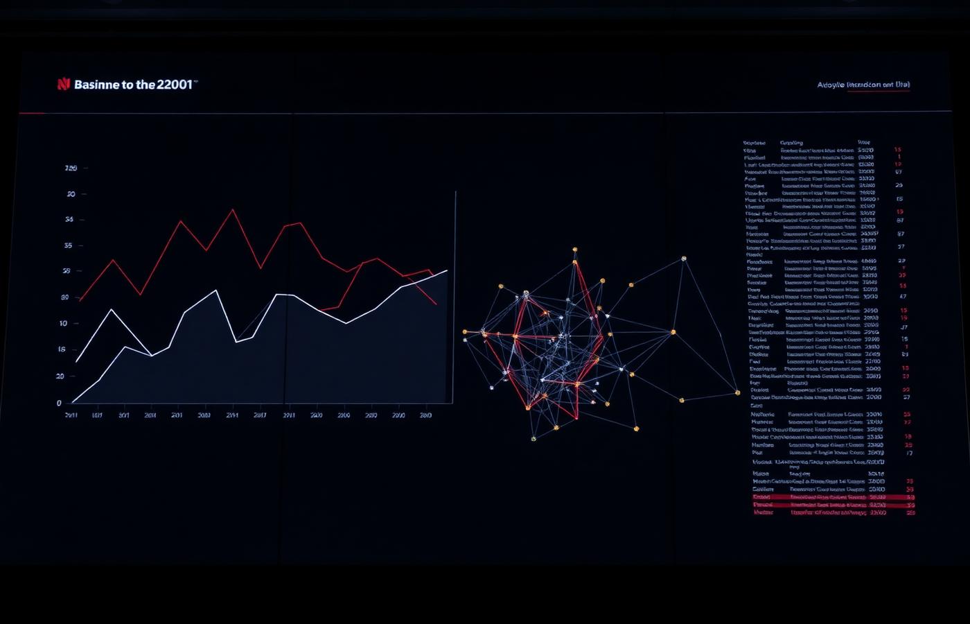 Analytics dashboard showing trend lines and a network graph on a dark display