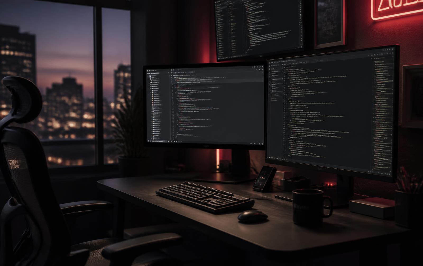 Developer workstation with code editors open on two monitors in a dark studio at dusk