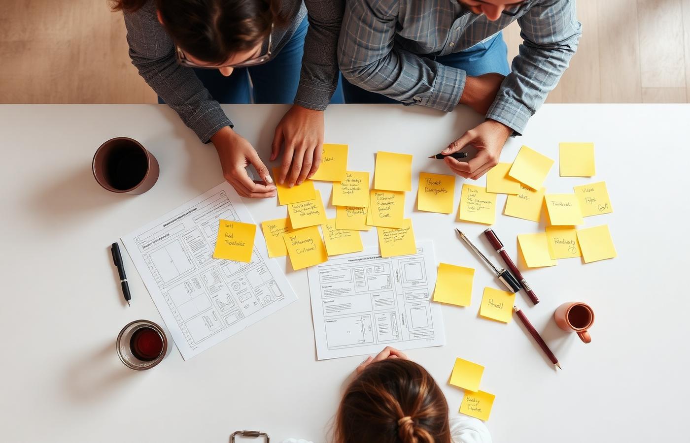 Product designers arranging wireframe sketches and notes on a white table