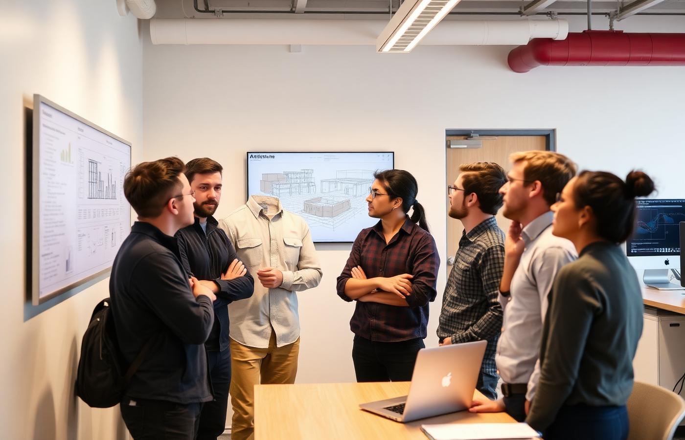 Software engineering team reviewing an architecture diagram in a bright office